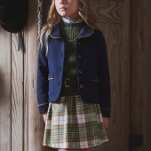 美单深蓝色有机棉秋冬复古纽扣气质学院风女童长袖 有领外套小西服