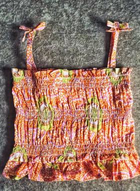 Janie and Jack夏季全棉橙色抓皱织花图案配蝴蝶结吊带2岁上衣