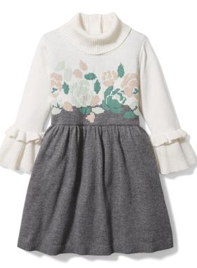 JANIE AND JACK奶白灰色秋冬中高领高雅学院风女童长袖针织连衣裙