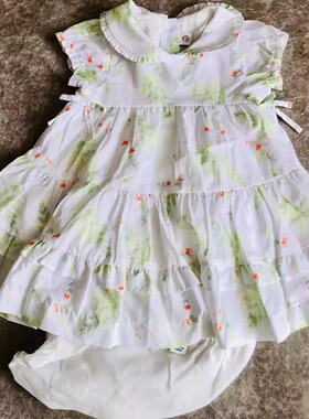 Janie and Jack白底浅绿色配消化纯棉花边蛋糕3-6个月百褶套装裙