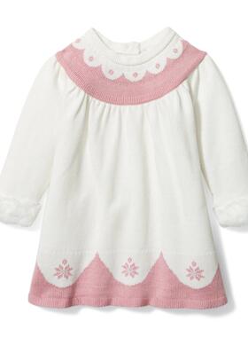 JANIE AND JACK粉色可爱的圆领电脑织花图案长袖女童针织毛衣裙