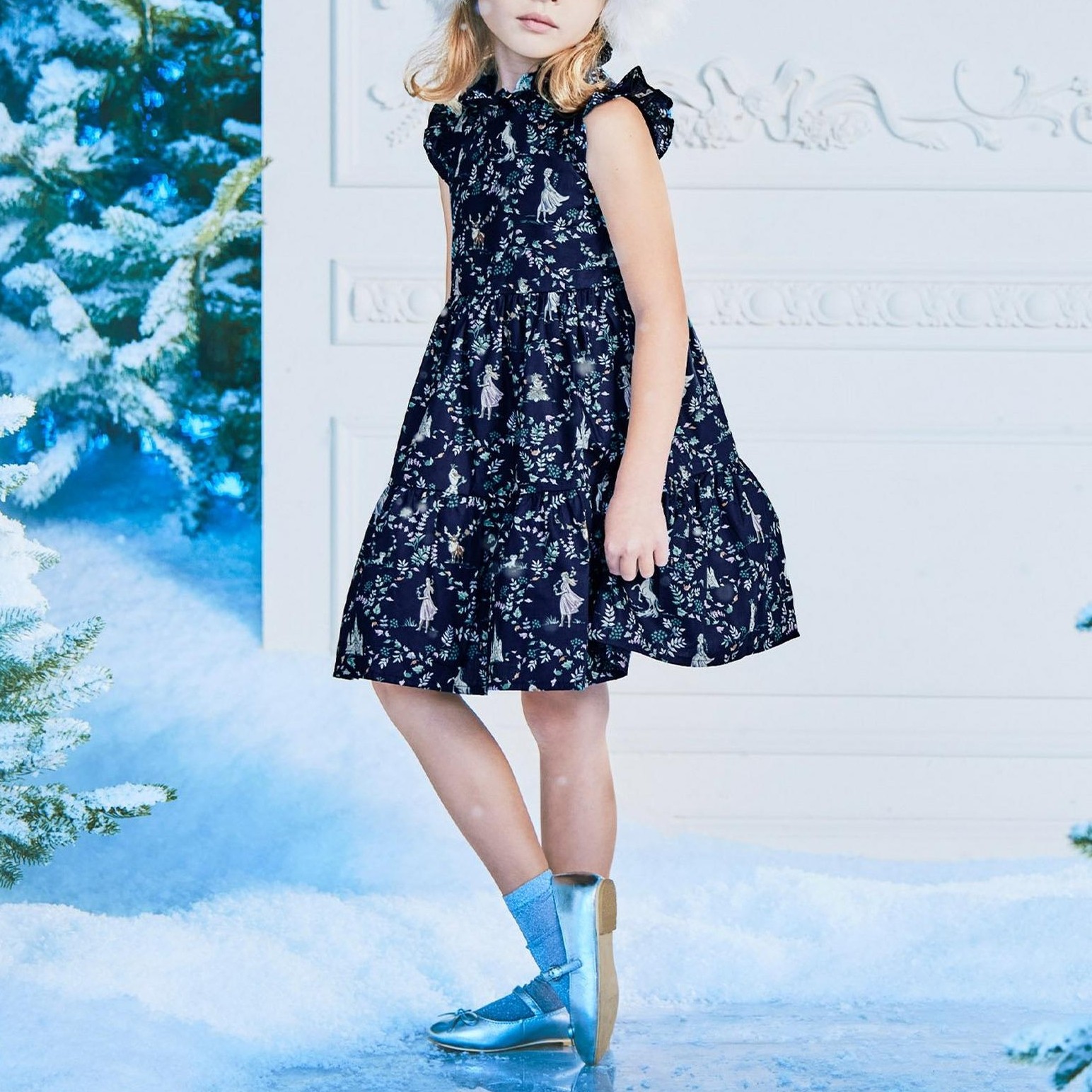 JANIEANDJACK深蓝春夏季纯棉冰雪奇缘艾莎女童蓬蓬纱连衣裙公主裙