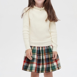 美单纯棉奶白色木耳边学院风春秋冬季女童针织长袖下摆格子连衣裙