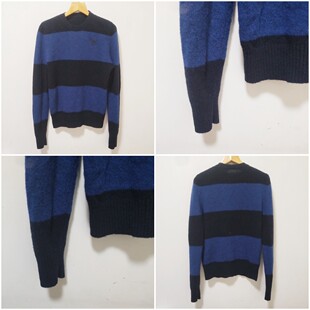 美单小鹿纯羊毛圆领秋冬季复古藏青宝蓝拼色长袖套头成人男款毛衣