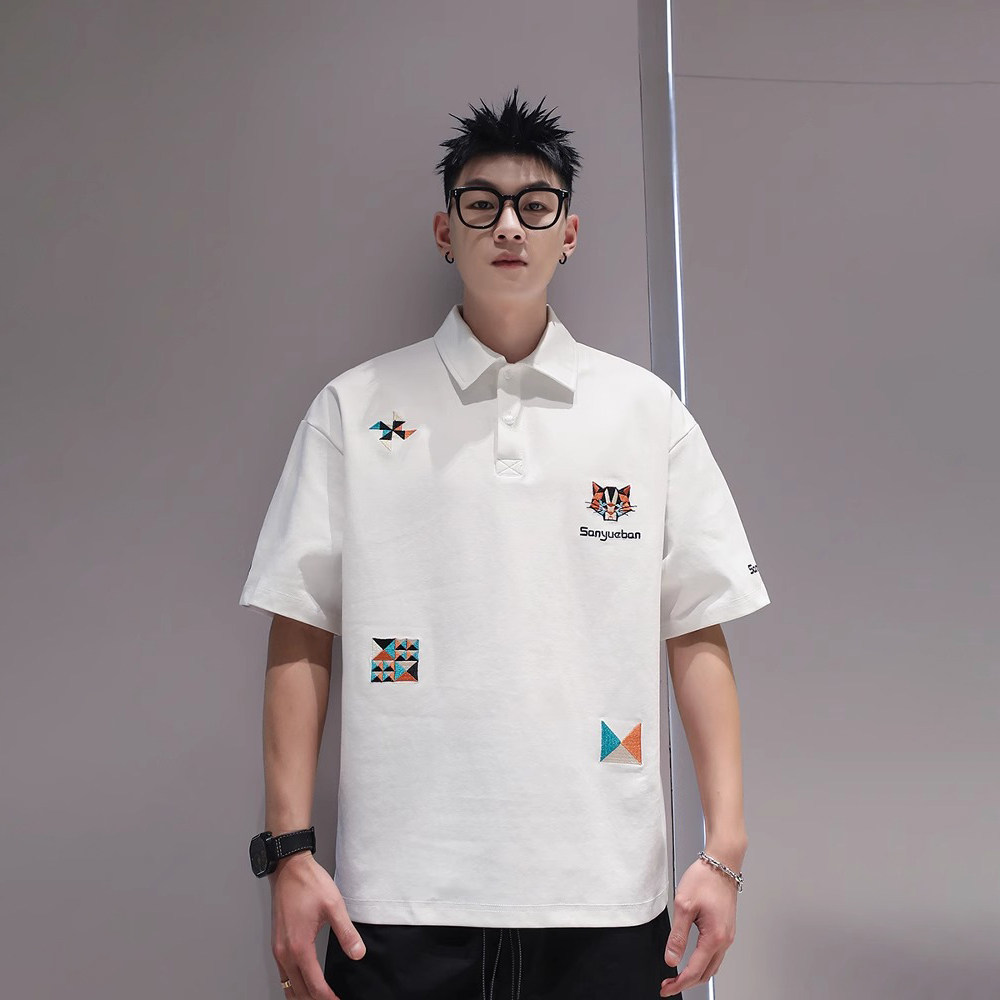 潮牌大码刺绣翻领短袖polo衫夏季男装休闲重磅设计感小众宽松T恤