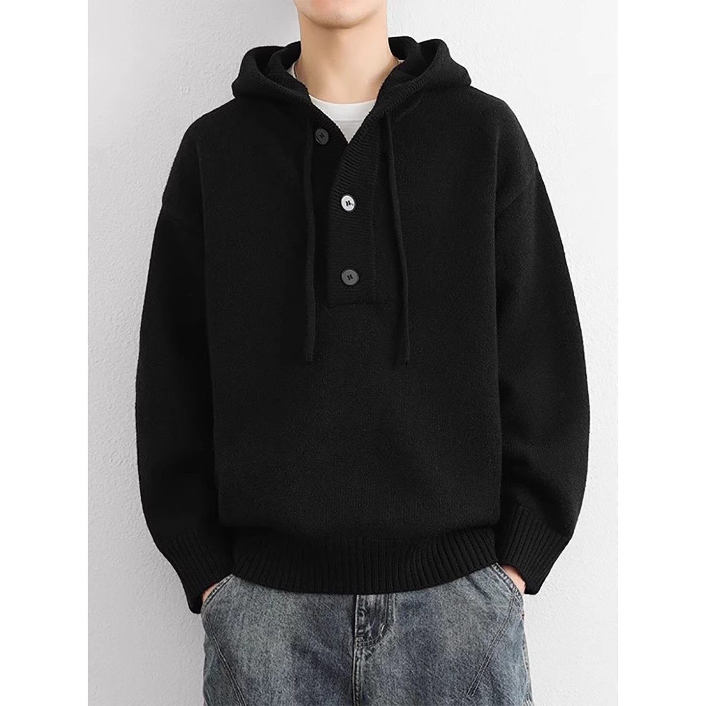 特大码秋冬男士毛衣宽松连帽套头纯色毛线衣青年针织衫高级感外穿