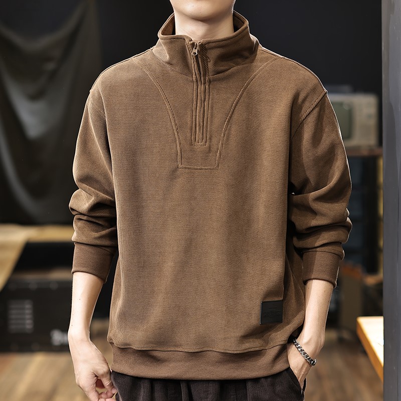 秋冬半拉链立领polo衫加绒卫衣男士秋季加厚大码灯芯绒上衣男装男