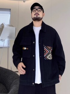 大码男春秋新款胖子加肥加大宽松牛仔外套翻领休闲潮流夹克200斤