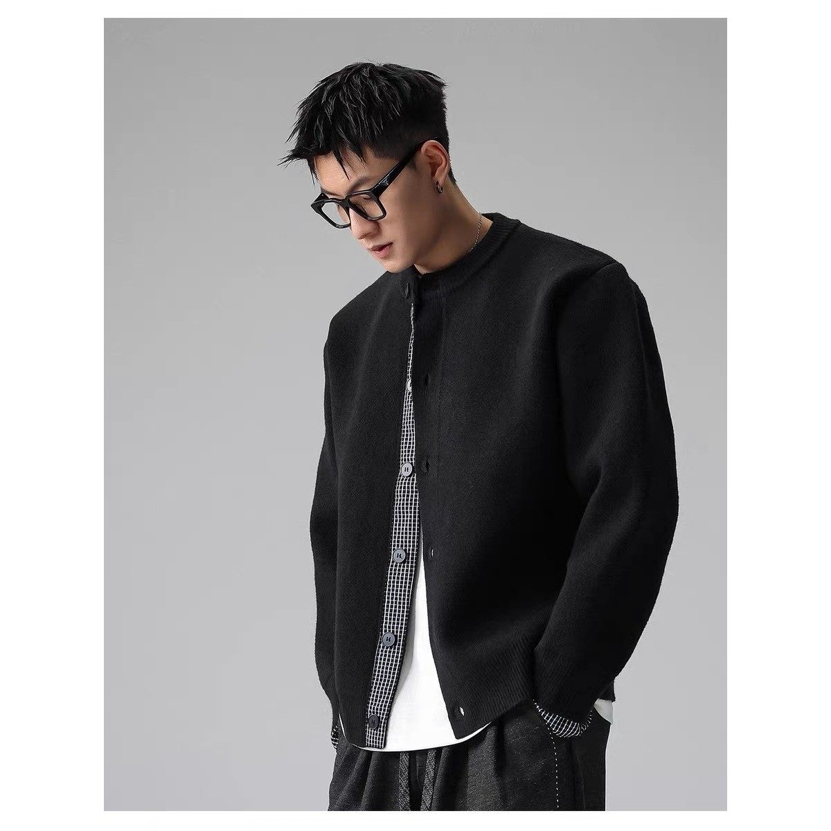 大码云感格纹拼接开衫毛衣男款2025新款秋冬季假两件针织衫外套