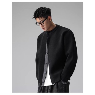 大码云感格纹拼接开衫毛衣男款2025新款秋冬季假两件针织衫外套