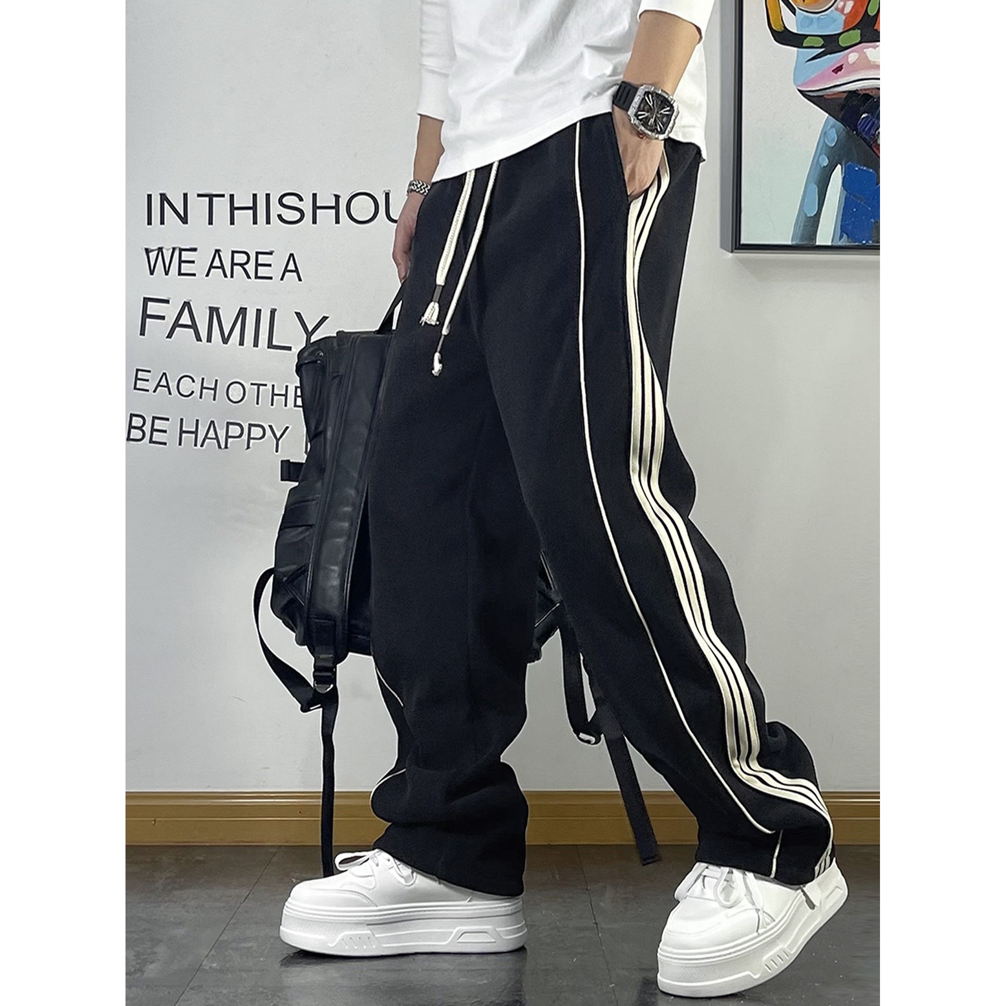 特大码秋冬青年潮流条纹拼接卫裤男装宽松抽绳直筒裤运动裤子长裤