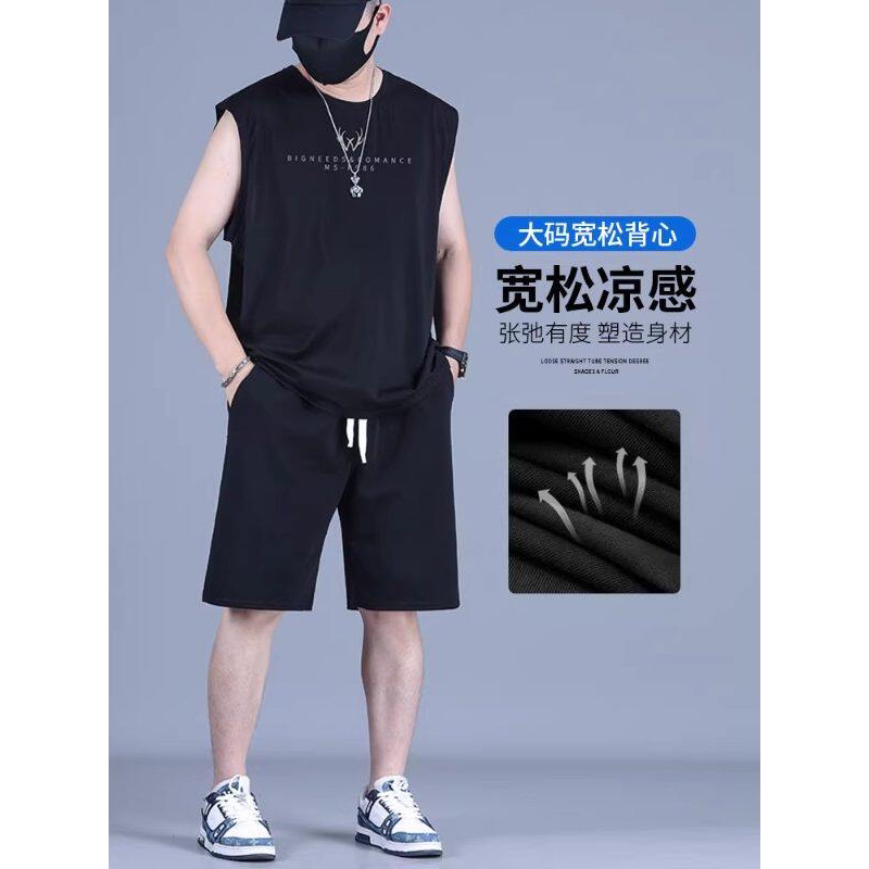 大码背心运动套装男款夏季宽松胖子加肥加大无袖透气休闲两件套潮图片