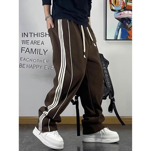 抽绳百搭直筒卫裤 青年痞帅潮流条纹拼接宽松休闲裤 春秋男装 特大码