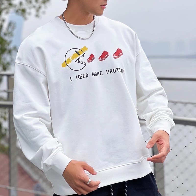 美式蛋白质穿搭吃肉圆领卫衣男女同款春秋季潮牌ins宽松大码上衣