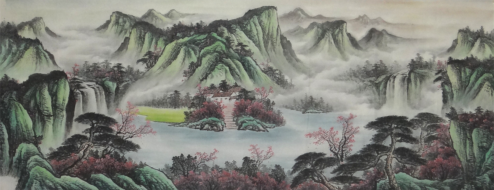 纯手绘山水画聚宝盆源远流长小六尺国画 客厅风水画办公室画芯