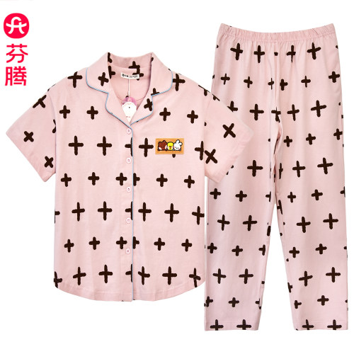 芬腾夏纯棉短袖长裤女士睡衣套装