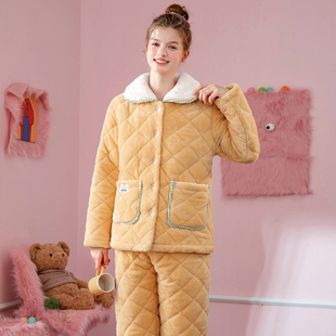 芬腾新款 专柜 睡衣法兰绒夹棉三层加厚加绒女士冬天家居服保暖套装