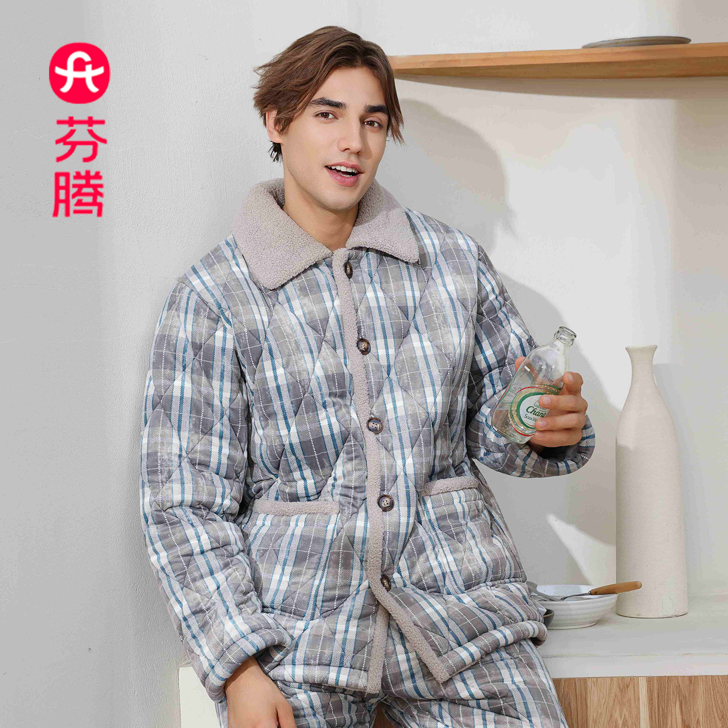 芬腾男款三层珊瑚绒夹棉睡衣冬季可外穿格子款加绒加厚家居服套装