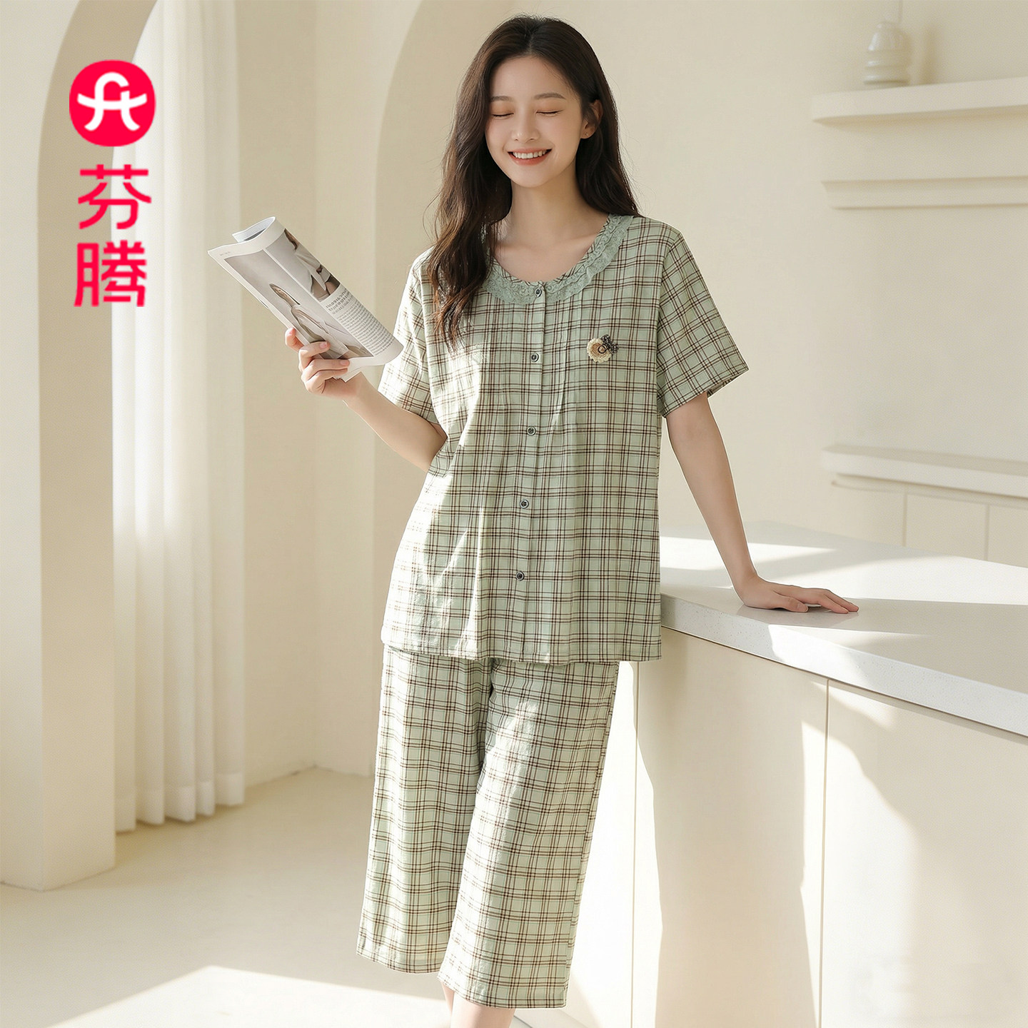 芬腾夏短袖5分裤纯棉女睡衣套装