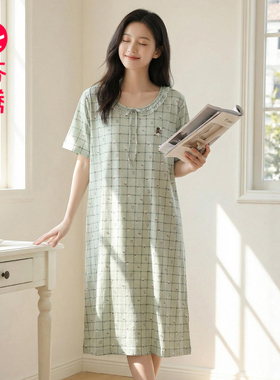 芬腾女士夏季纯棉睡裙宽松舒适透气绿色清新格子时尚连衣裙家居服