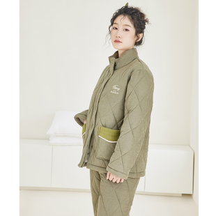 可外穿 高级立领绿色家居服套装 芬腾睡衣女冬季 三层加厚夹棉时尚