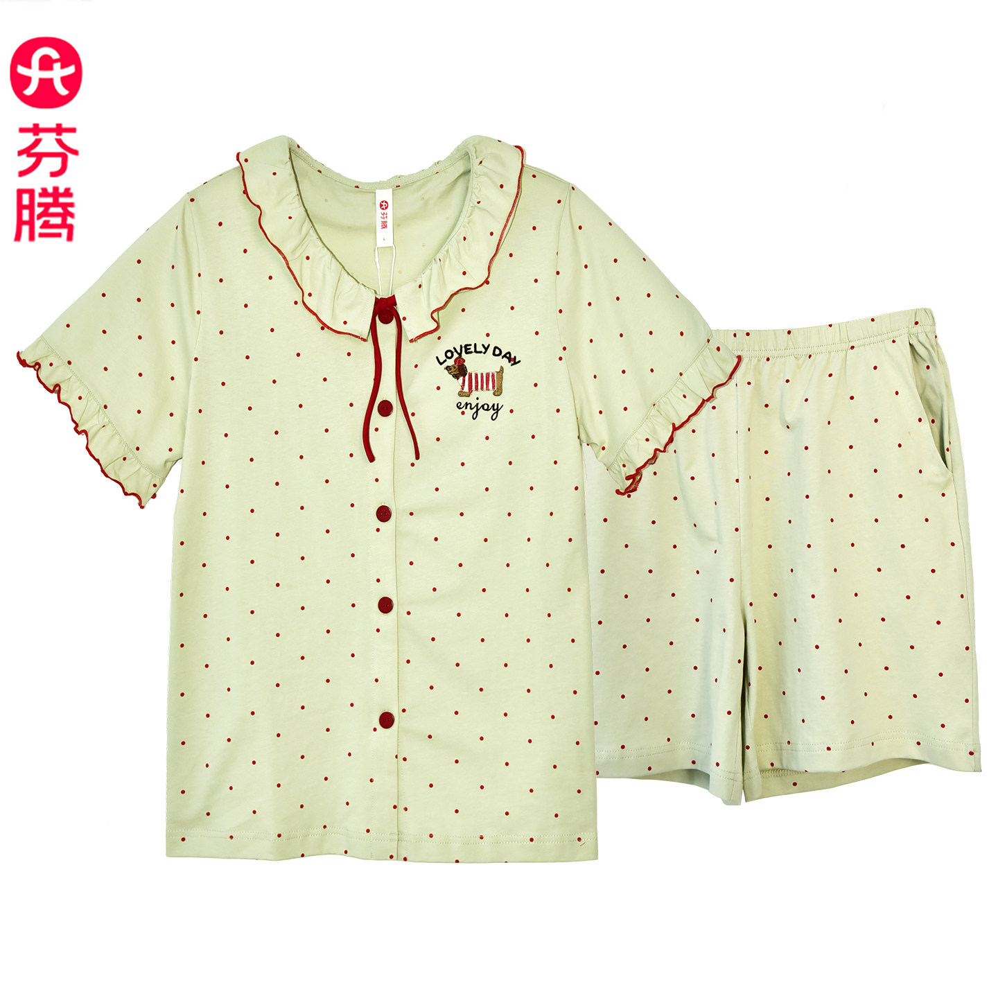 芬腾夏季纯棉睡衣女萌系腊肠狗薄款短袖短裤透气开衫家居服可外穿