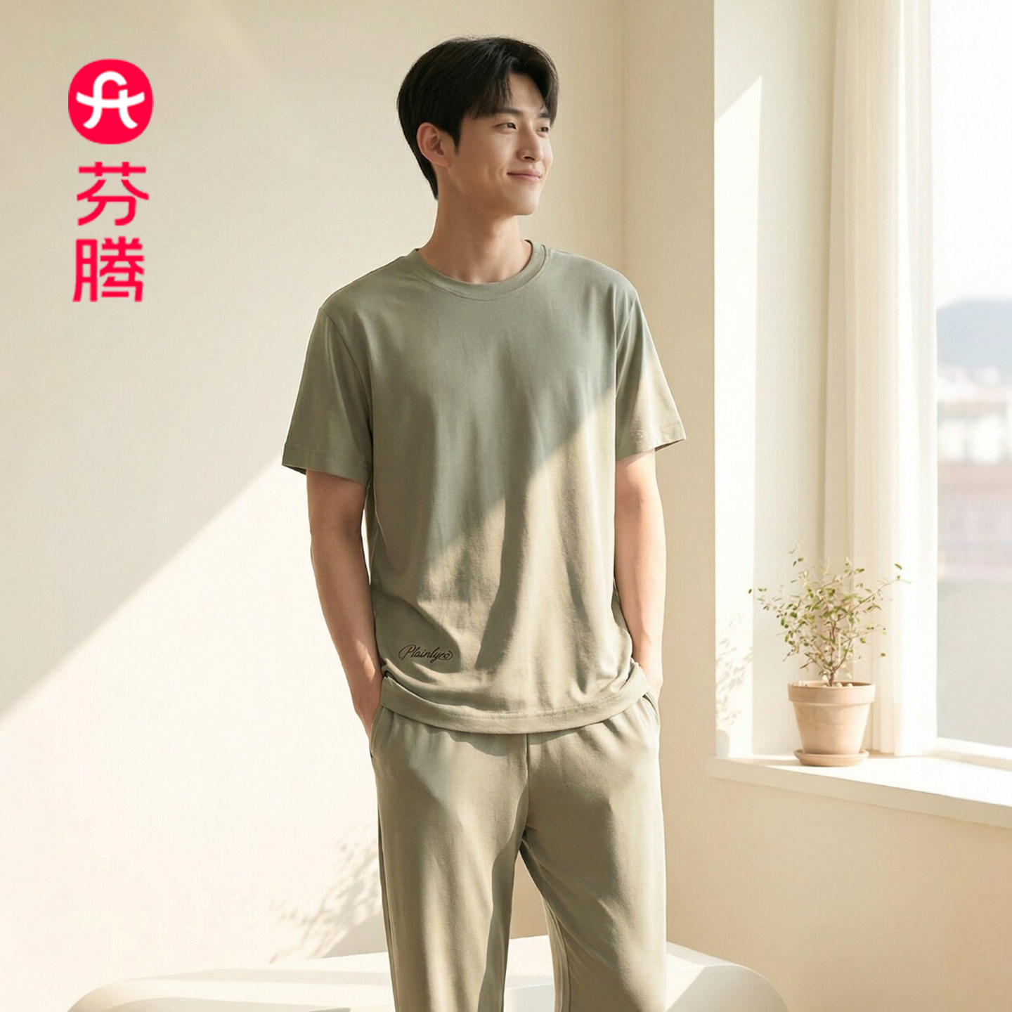 芬腾凉感纯棉睡衣男士春夏薄款三件套装长短袖休闲家居服四季可穿