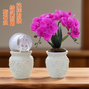 加厚浮雕梅花盆蝴蝶兰花盆小盆栽种植仿陶盆双层自吸水花盆懒人盆