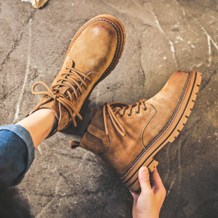 秋季 鞋 英伦厚底高帮拉链加绒大黄靴 增高中帮工装 真皮马丁靴男新款