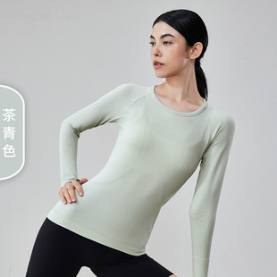 秋冬季裸感圆领瑜伽服长袖T恤舒适透气休闲气质无缝运动健身上衣
