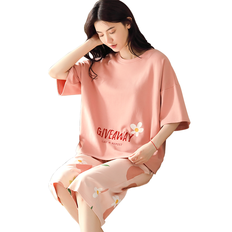 夏天短袖孕婦裝純棉半袖七分褲產(chǎn)后喂奶睡衣產(chǎn)婦哺乳期居家月子服