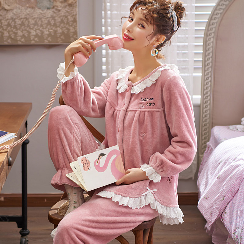 秋冬季11月份10加厚加绒法兰绒产后月子服保暖孕妇睡衣哺乳喂奶衣