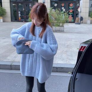 黄色中款727592麻圆衫领衣女秋冬2592慵懒长风松软花糯宽针织下装