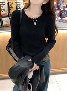 灰毛秋衣女2穿025新款早秋高级色感搭木耳边RMR内搭针ENM衫织打底