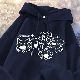 藏青色美式 秋冬男女情侣慵懒风加厚加绒连帽卫衣 卡通小狗印花帽衫