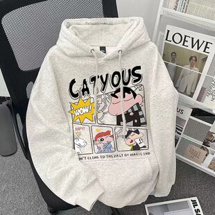 加绒加厚帽衫 美式 卡通高街花灰色连帽卫衣秋冬男女潮流印花情侣款