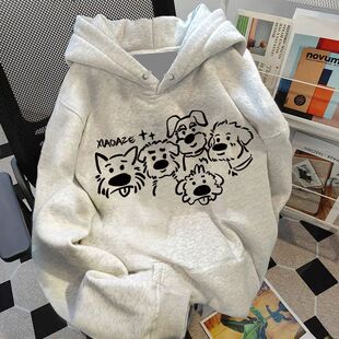 花灰色美式 卡通小狗印花连帽卫衣男女情侣秋冬慵懒风加厚加绒帽衫