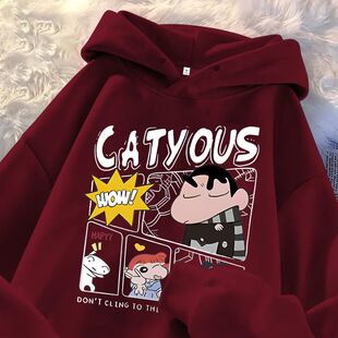 加绒加厚帽衫 秋冬美式 卡通高街酒红色连帽卫衣男女潮流印花情侣款