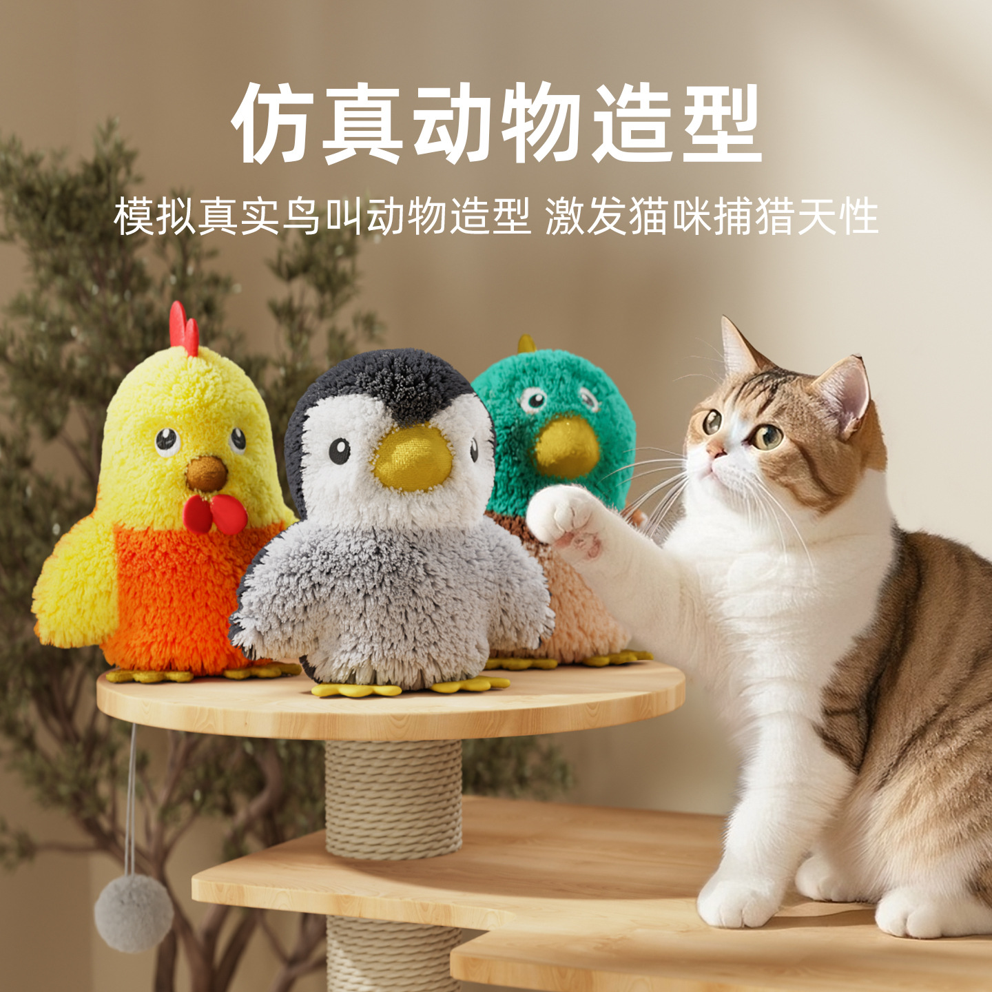 可爱卡通电动企鹅毛绒猫玩具公仔猫头鹰玩偶猫自嗨发声猫玩具