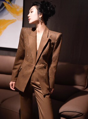 APFS烫钻气质名媛千金风西服外套女性感深V收腰显瘦西服上衣秋新