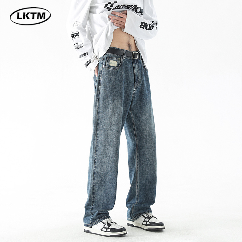 LKTM男装#欧美街头复古牛仔裤男直筒宽松潮牌垂感vib青少年长