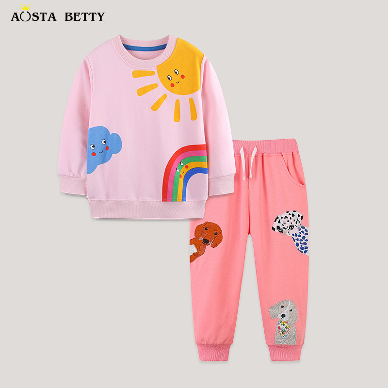 欧美风童套装秋季新品女童长袖套装针织棉小狗绣花儿童运动裤代发