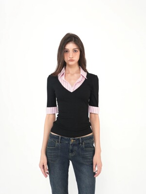 Jim Kennet粉色衬衫领拼接针织收腰复古显瘦上衣