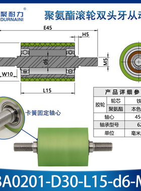RBA-30现货聚氨酯包胶碳钢无动力滚筒带双轴承配双头牙轴芯辊轮