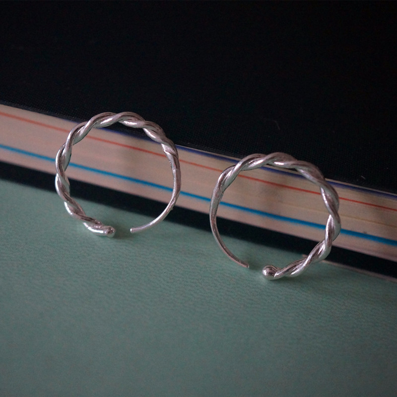 手工制作999纯银耳环 麻花素圈养耳扩耳洞粗针 耳圈大小尺寸订做