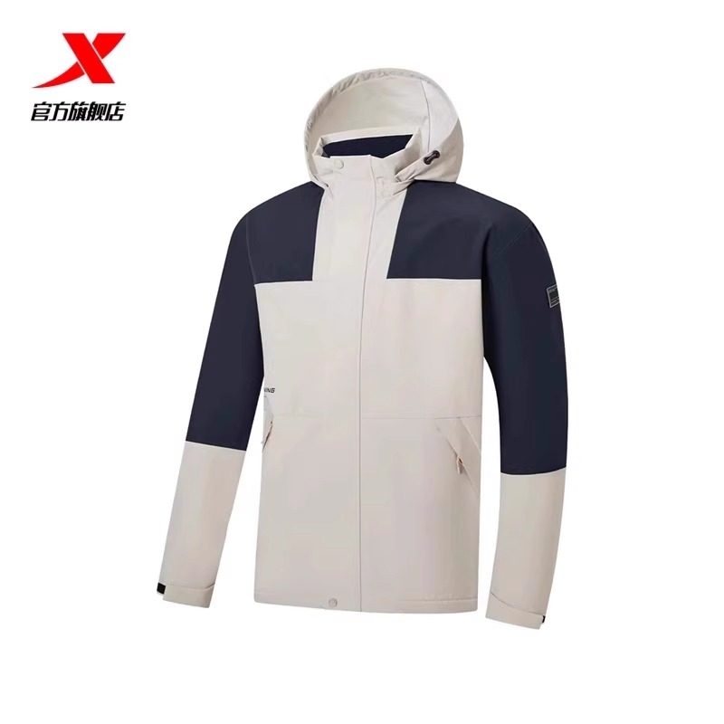 特步加绒保暖风衣男款2024冬季新款宽松户外防风运动外套冲锋衣