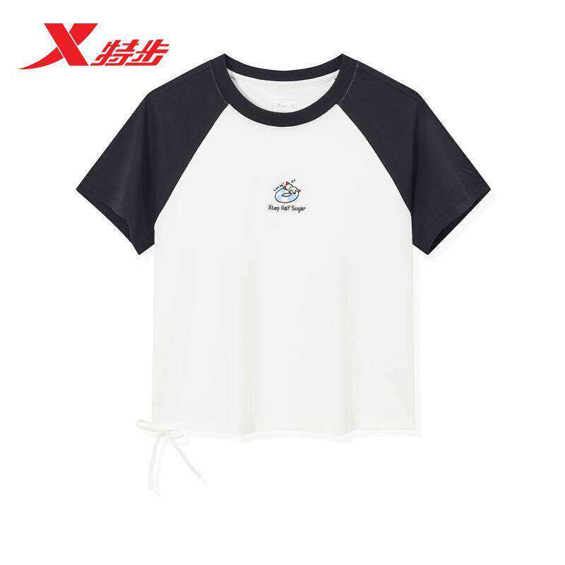 特步短袖T恤女2026夏新款圆领撞色透气速干短款上衣974228010119