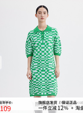 播夏季新款polo领棋盘格图案针织连衣裙女DDQ2LD52098