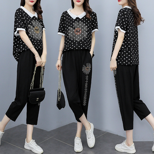 RM9427#夏季新款大码女装波点短袖上衣+七分裤两件套