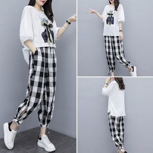 RM19346#夏季新款大码女装短袖两件套胖MM遮肚显瘦套装